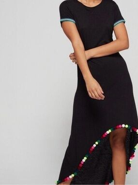 Pitusa Black Asymmetrical Midi Dress with Multicolor Pom Pom Trim